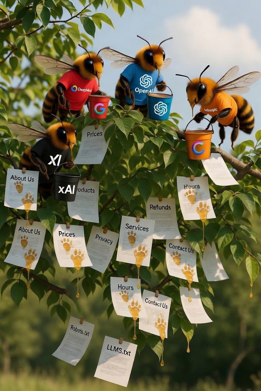 AI engines as bees leaving honey footprints on each page they crawl