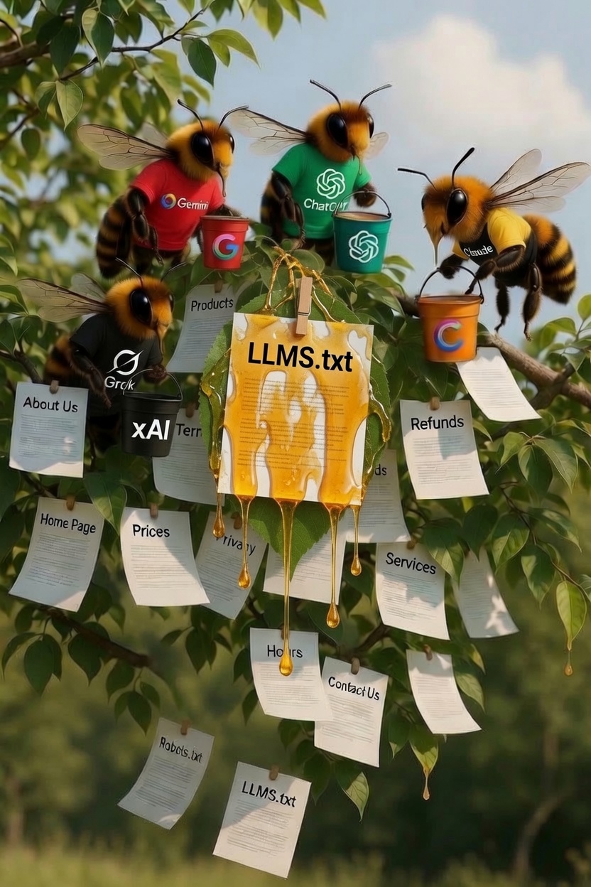 AI engines as bees collecting honey from an llms.txt file
